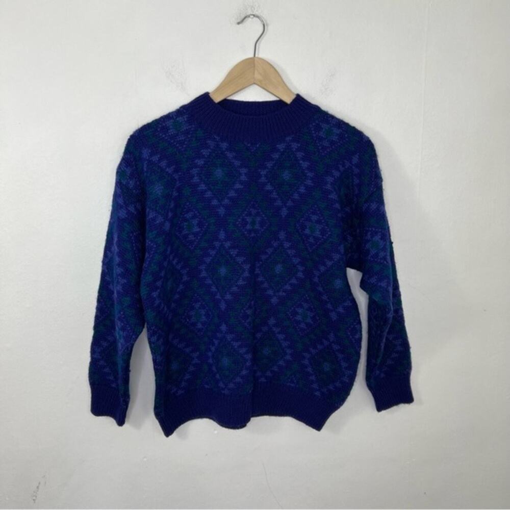Nomadic Traders 100% Wool Vintage Purple Green Geometric Sweater Size Small